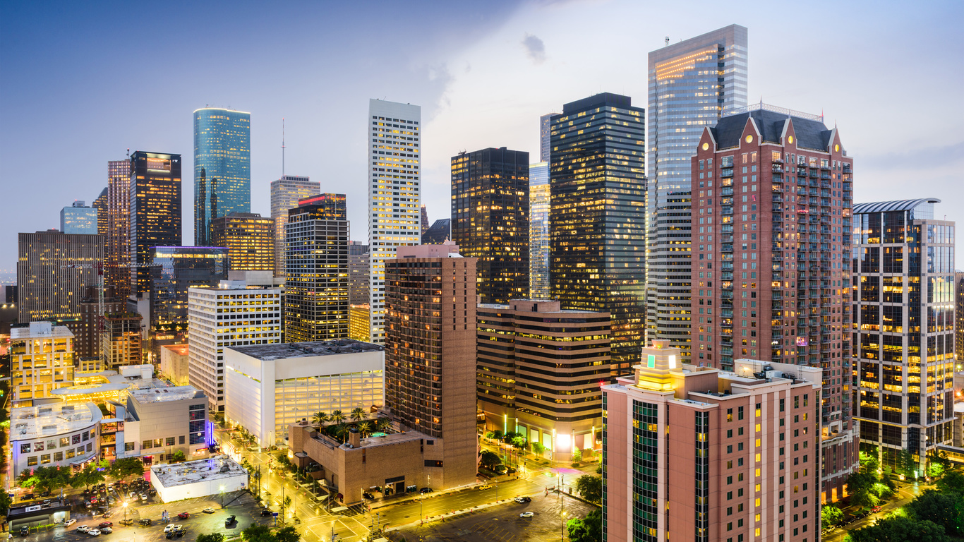 modern buildings, texas, usa, american cities, america, houston at evening, hdr, city, 