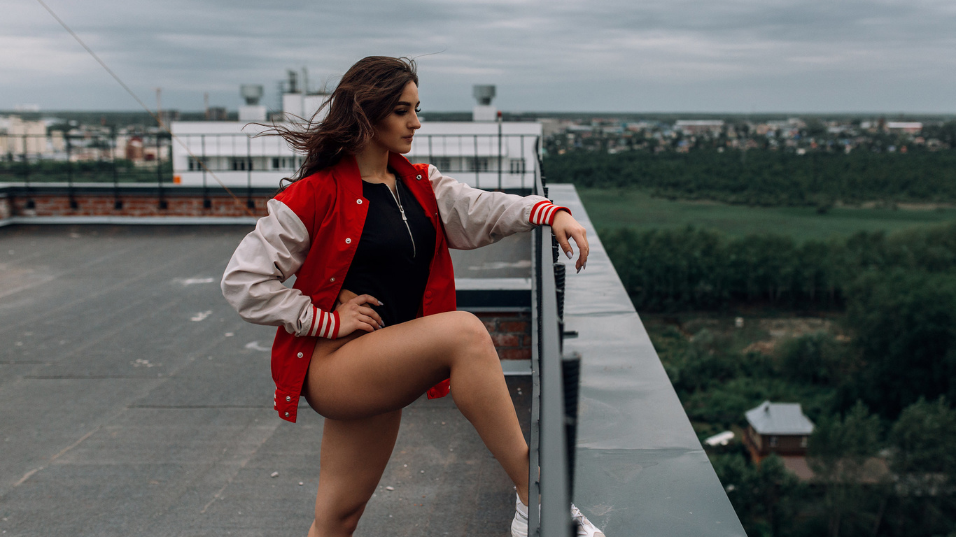 women, rooftops, ass, brunette, sweater, sneakers, looking away, fence, women outdoors, bodysuit, painted nails