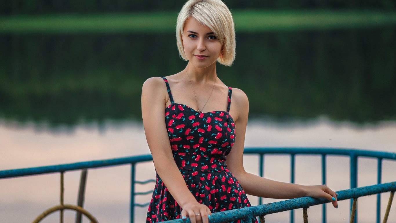 women, blonde, portrait, dress, lake, painted nails, blue eyes, women outdoors, necklace, smiling, short hair, brunette, dmitry medved ,  , 