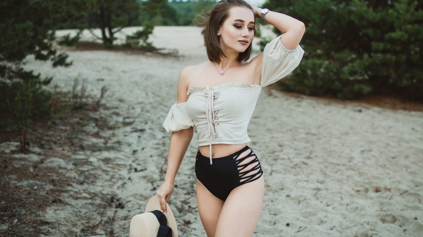 women, swimwear, belly, bare shoulders, hat, necklace, sand, women outdoors, watch, trees, smiling, brunette