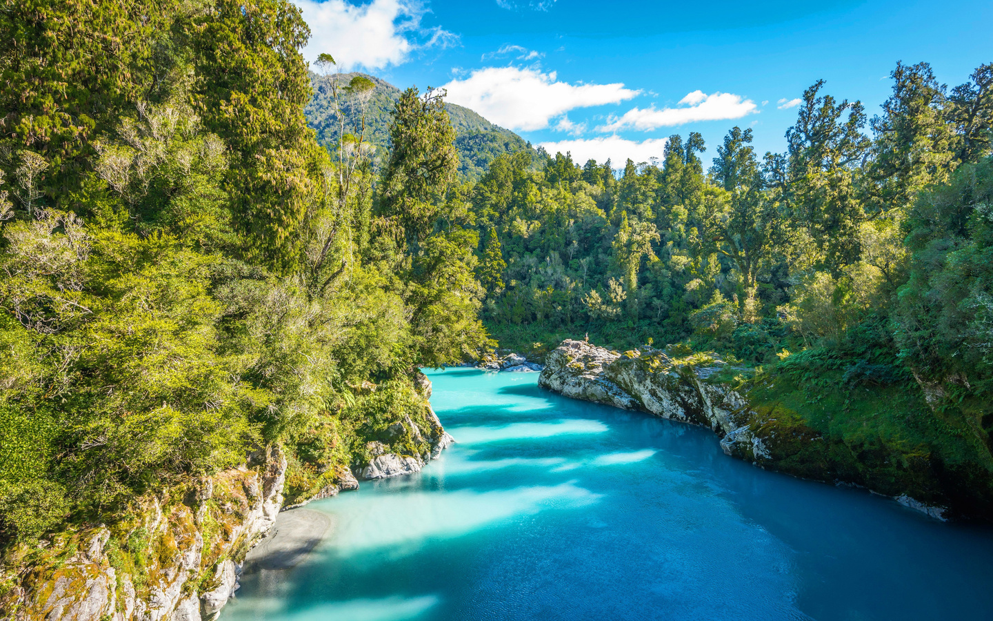 blue river, mountains, summer, forest, south island, new zealand