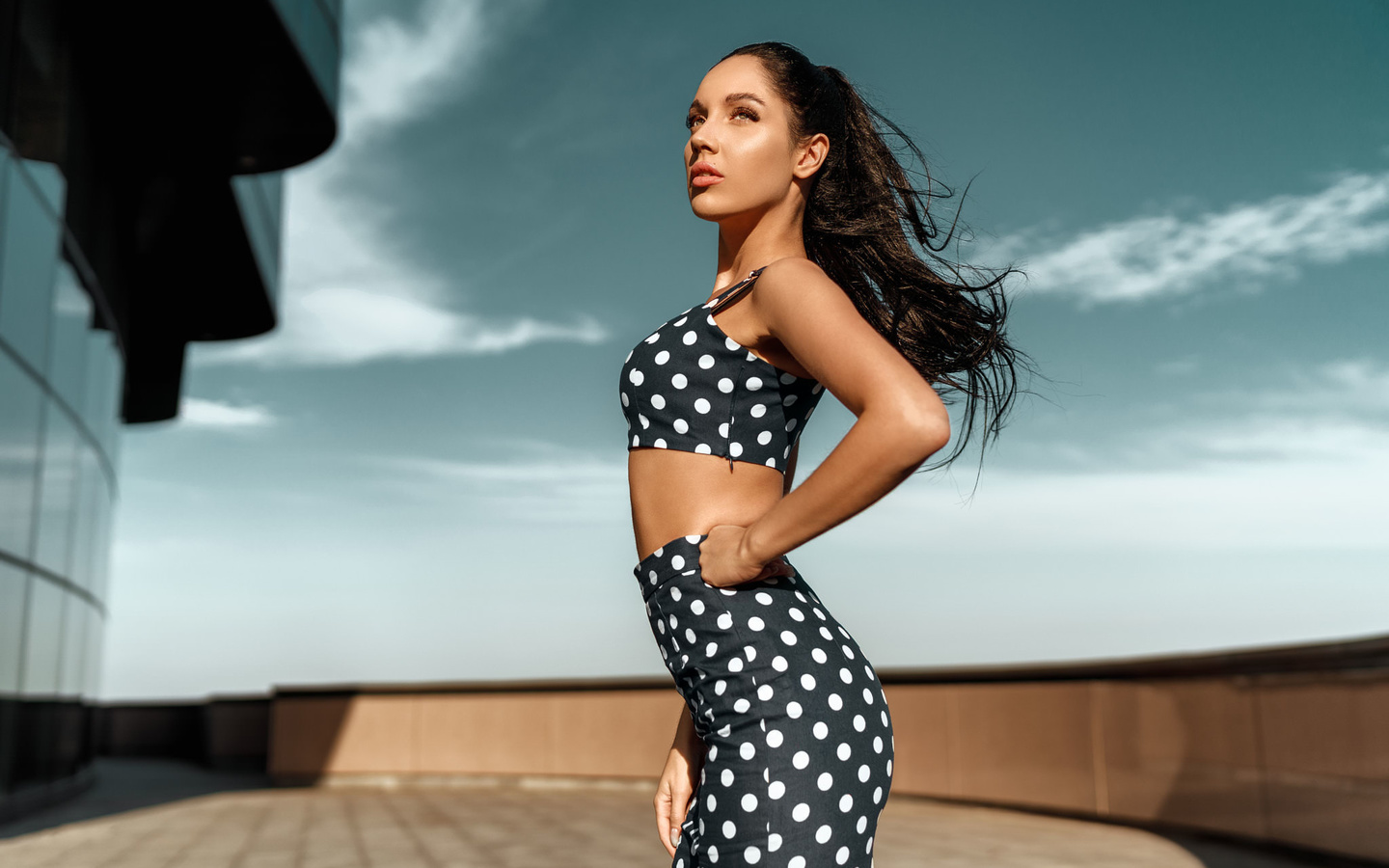 women, portrait, brunette, polka dots, skirt, tank top, looking away, women outdoors, sky, clouds