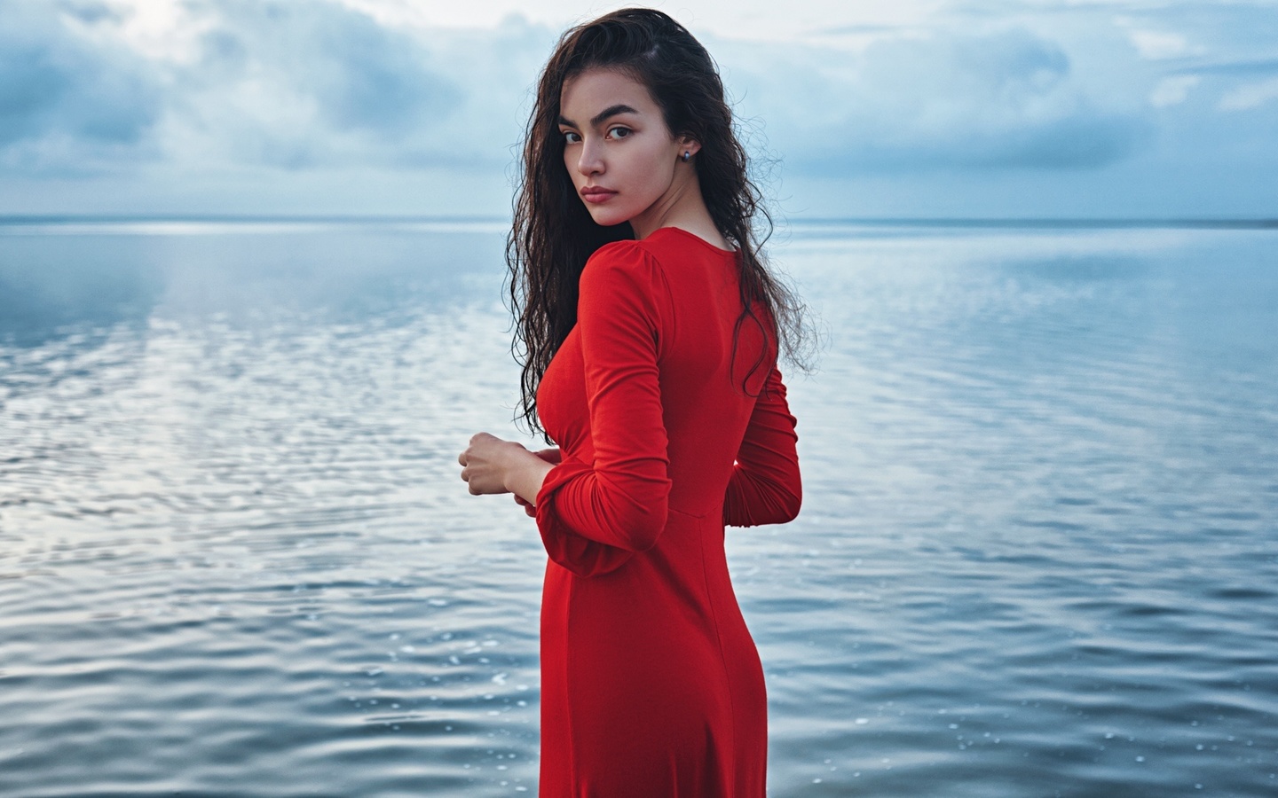 alia bakieva, women, sergey fat, red dress, sea, women outdoors, looking at viewer, long hair