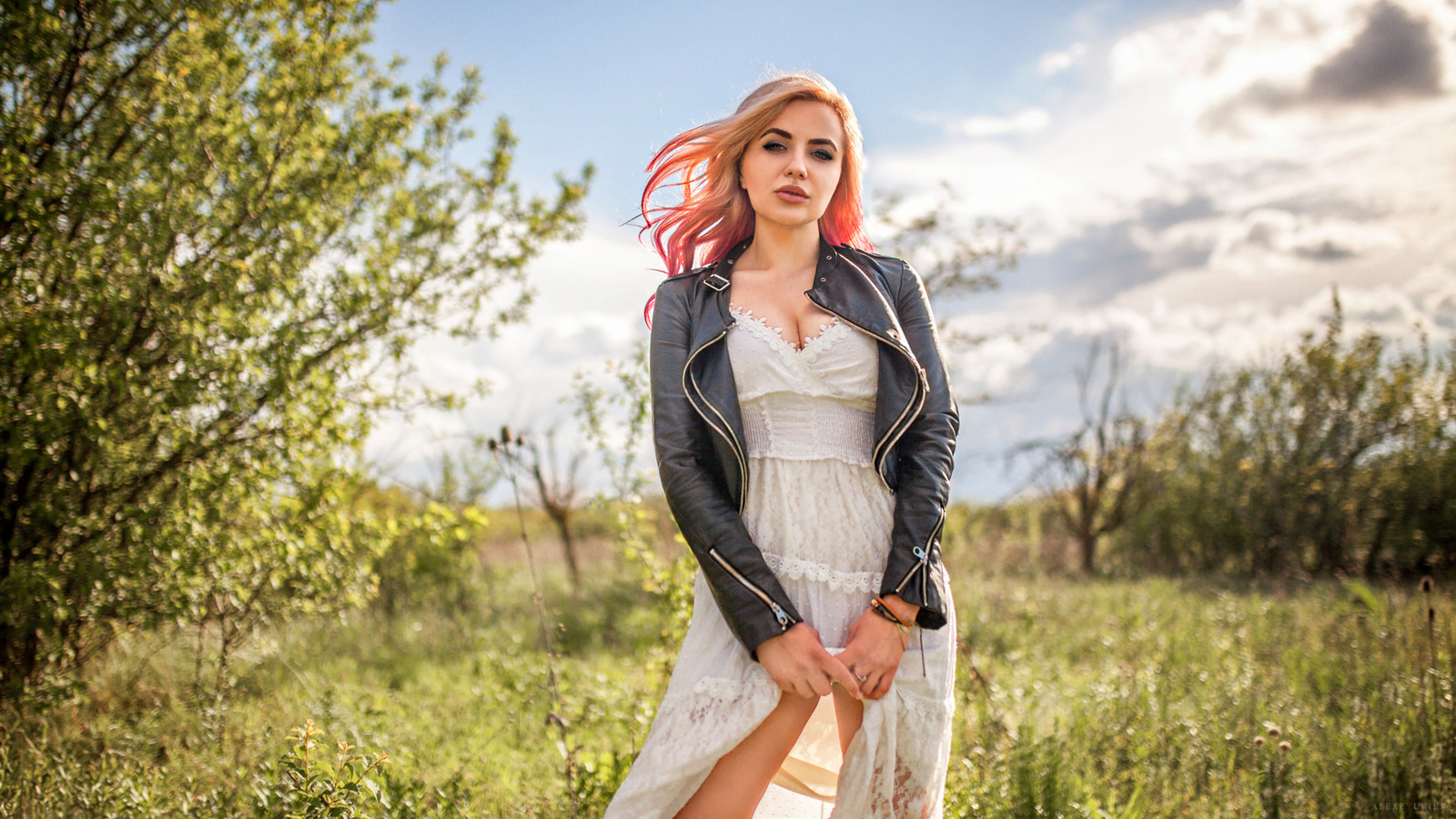 women, dyed hair, white dress, women outdoors, leather jackets, cleavage,   ,alexey yuryev,ludmila