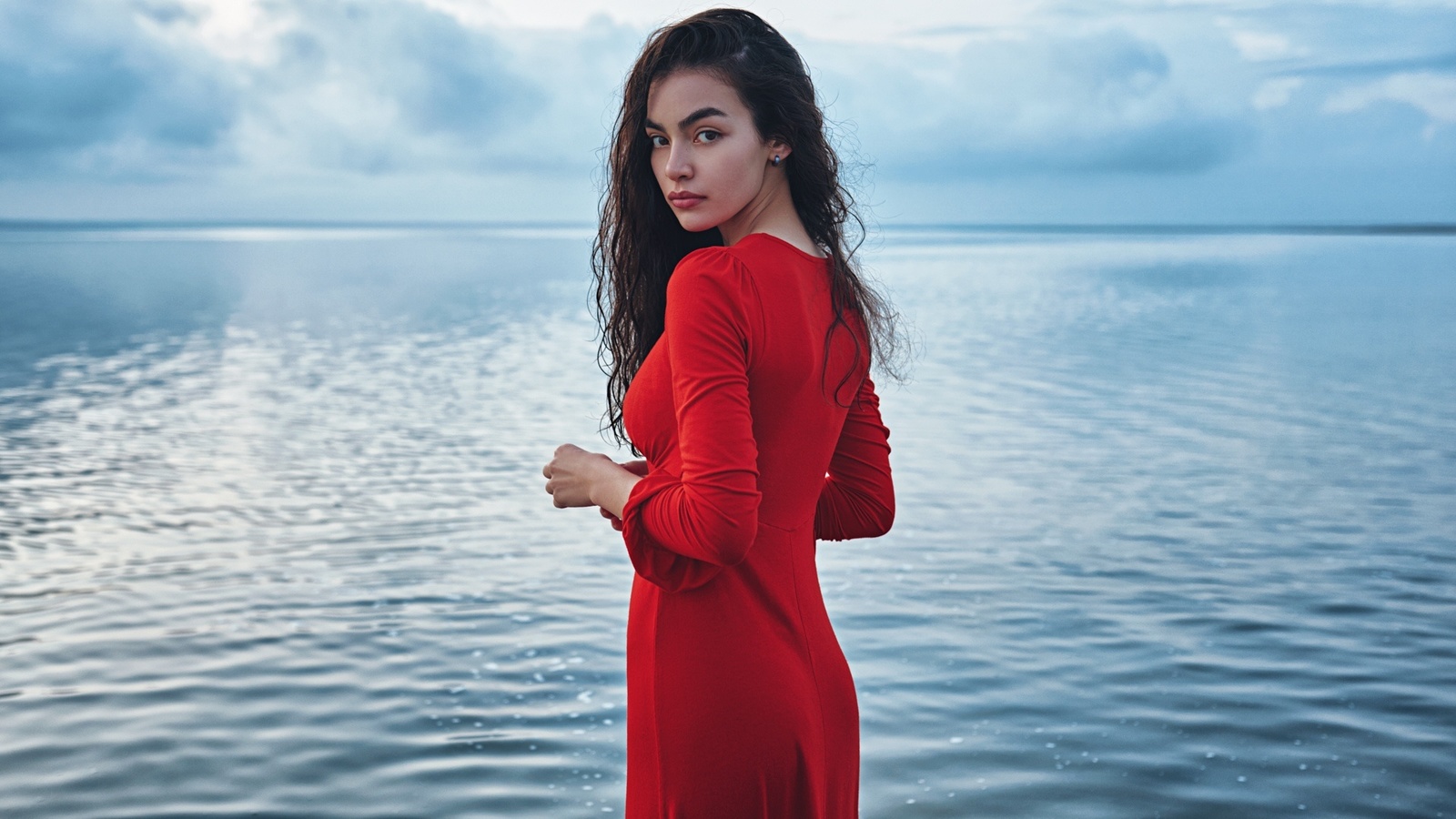 alia bakieva, women, sergey fat, red dress, sea, women outdoors, looking at viewer, long hair