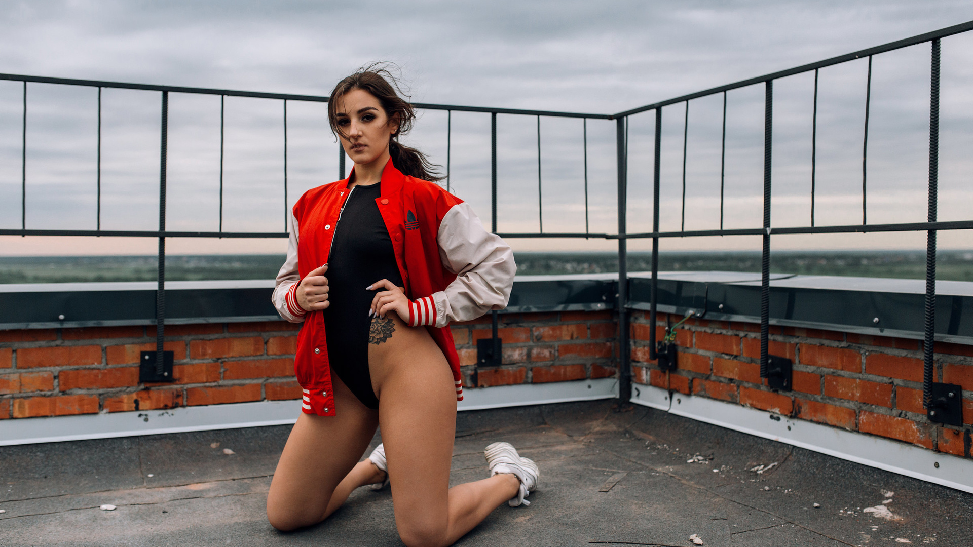 women, kneeling, sweater, brunette, sneakers, tattoo, rooftops, fence, bodysuit, women outdoors