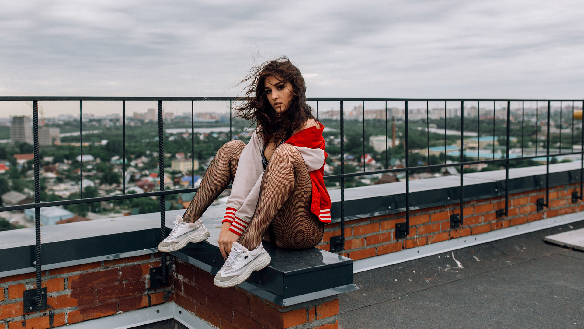 women, ass, sitting, sneakers, fence, women outdoors, brunette, fishnet stockings, sweater, bricks, rooftops