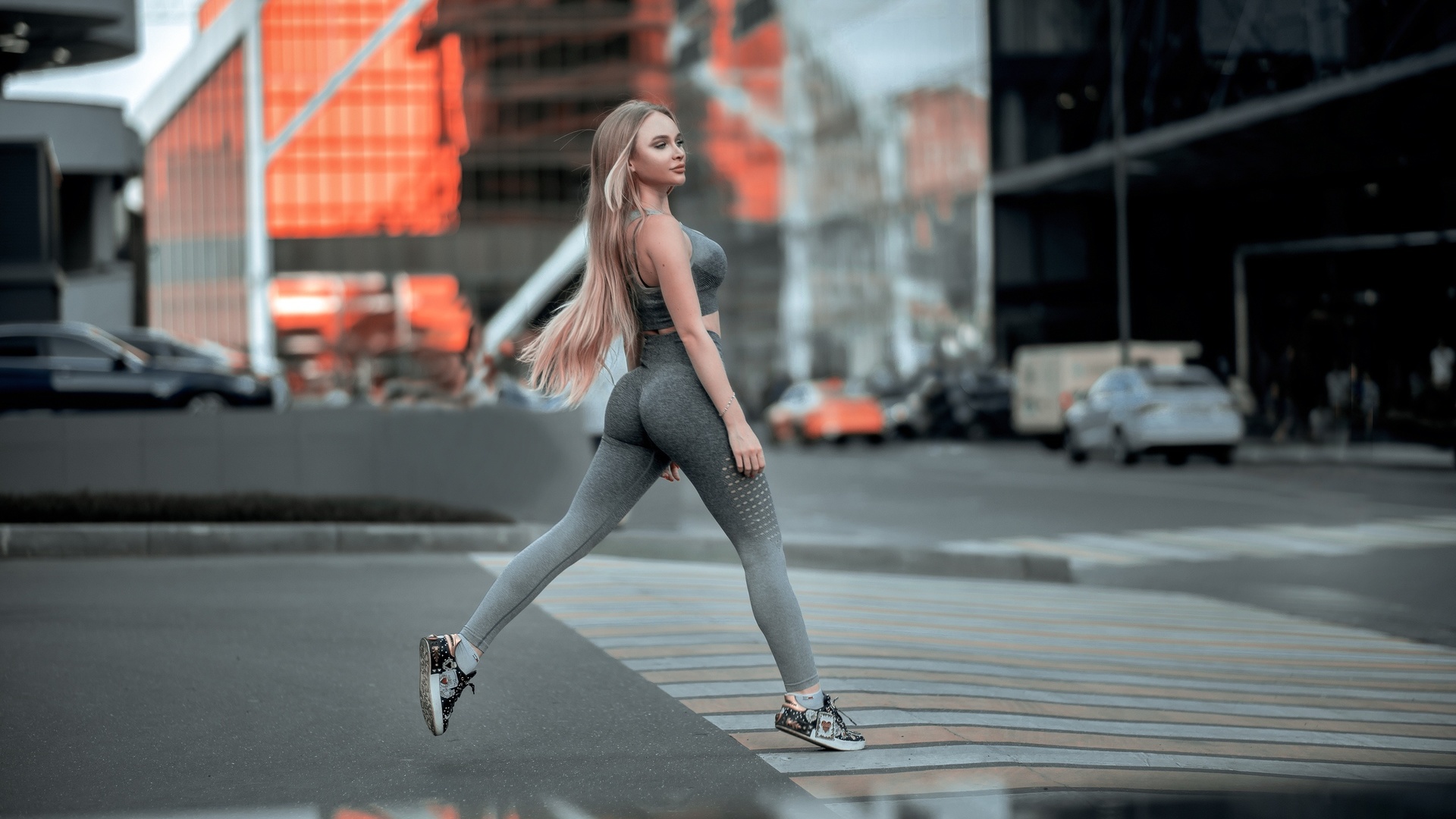 women, sportswear, long hair, women outdoors, ass, blonde, building, looking away, street, socks, sneakers