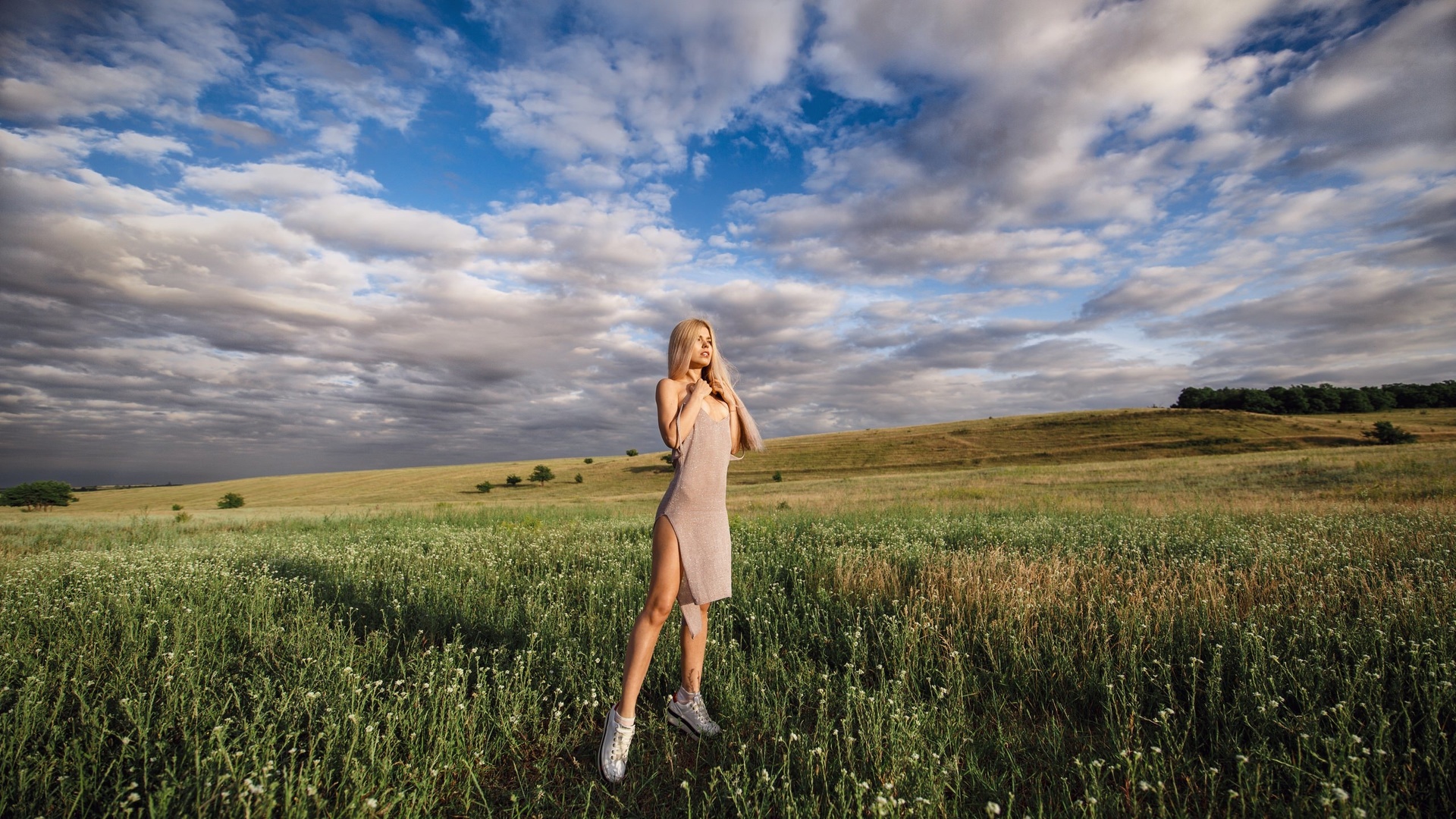 women, blonde, long hair, women outdoors, sneakers, socks, dress, brunette, looking away, sky, clouds