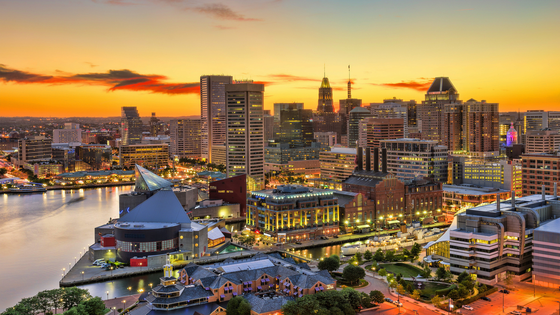 baltimore, sunset, american cities, maryland, hdr, modern buildings