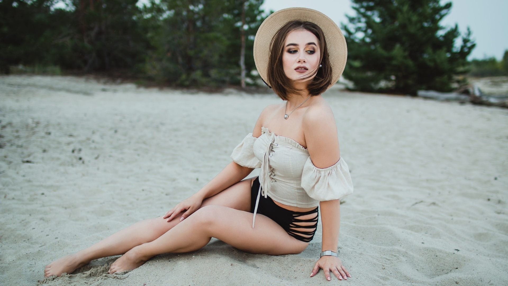 women, sitting, hat, swimwear, necklace, bare shoulders, women outdoors, trees, brunette, watch, sand