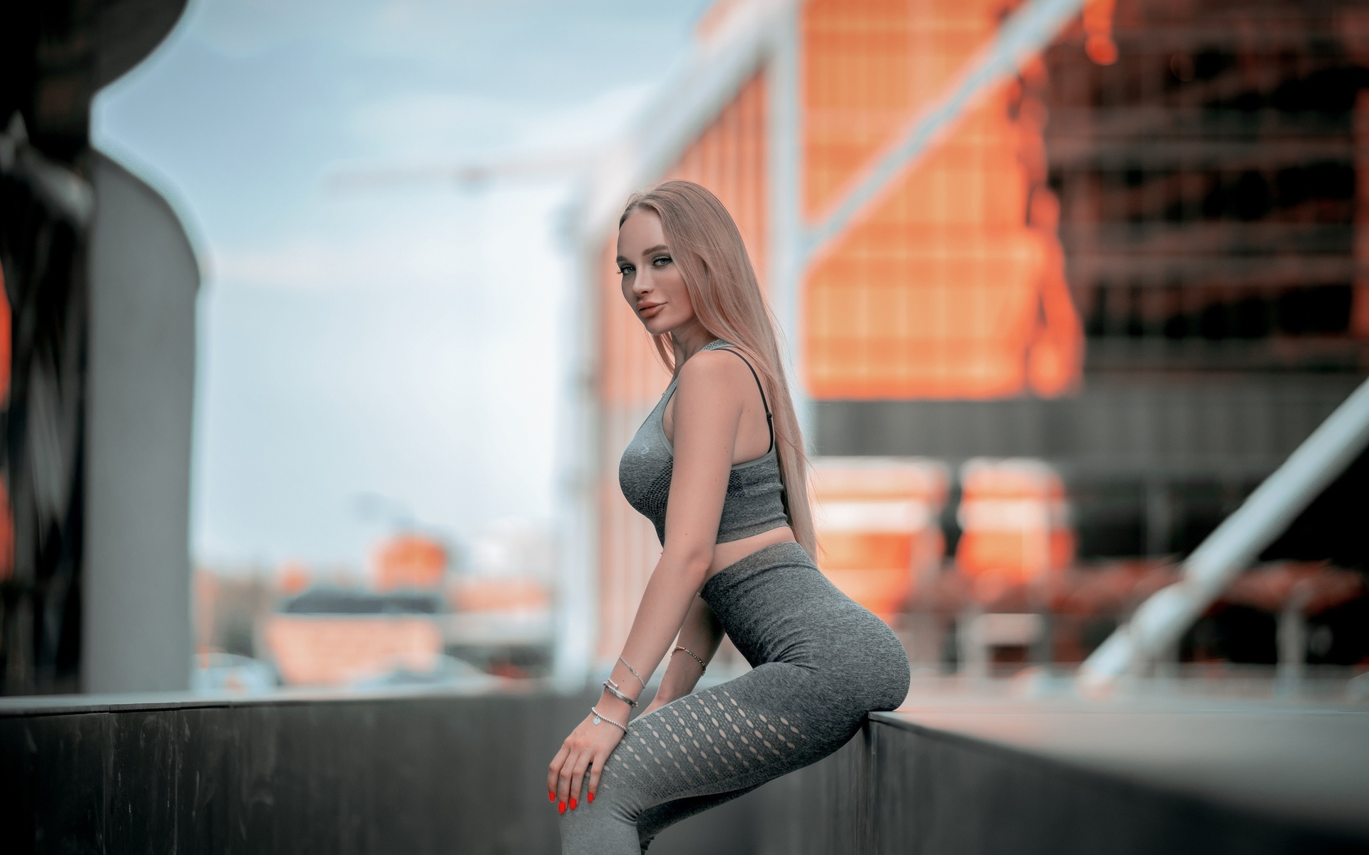 women, sportswear, long hair, women outdoors, red nails, blonde, building, looking at viewer