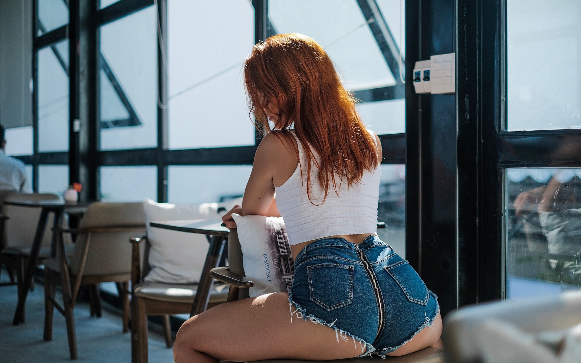 women, redhead, ass, chair, jean shorts, tank top, back, sitting, brunette,...