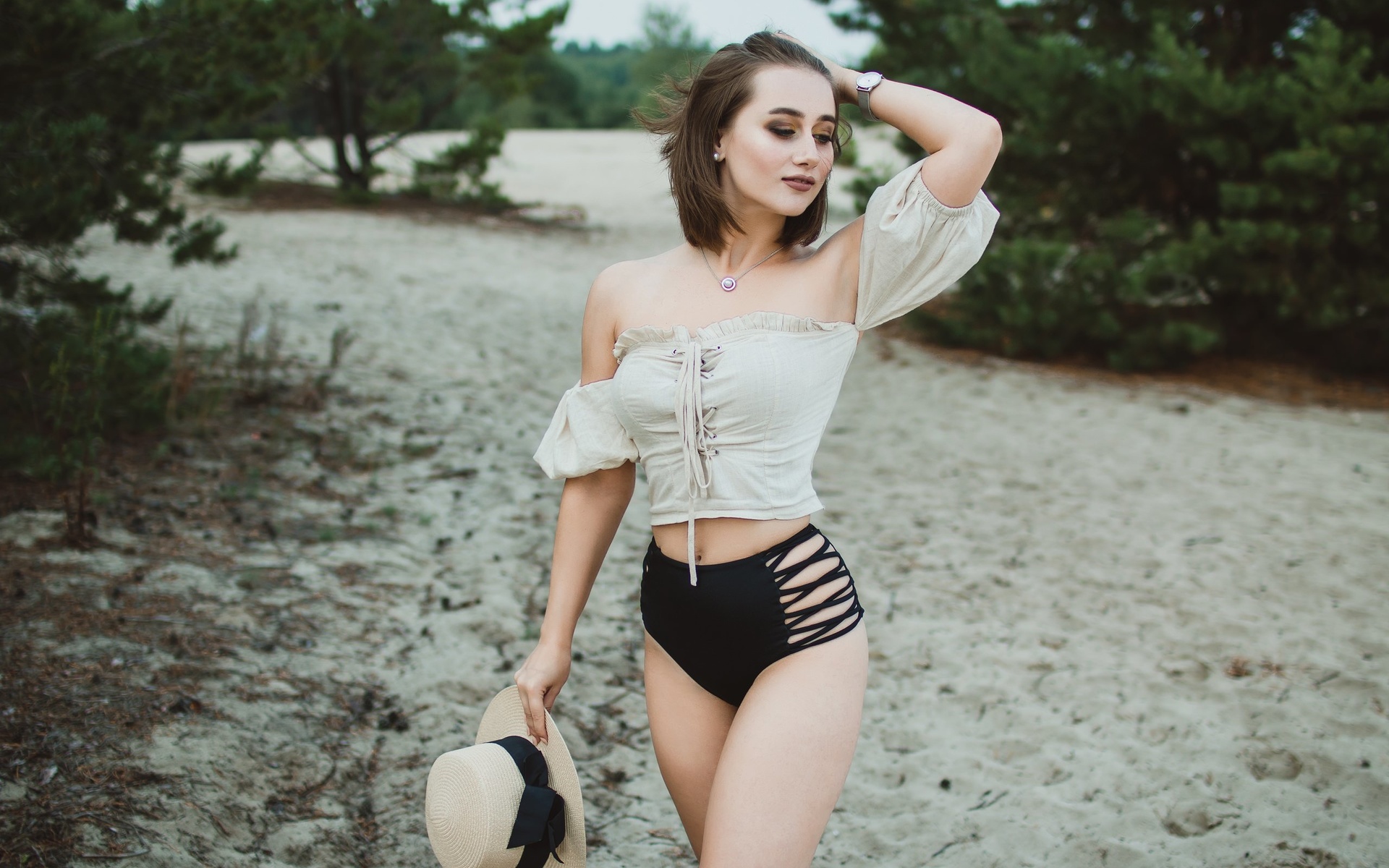 women, swimwear, belly, bare shoulders, hat, necklace, sand, women outdoors, watch, trees, smiling, brunette