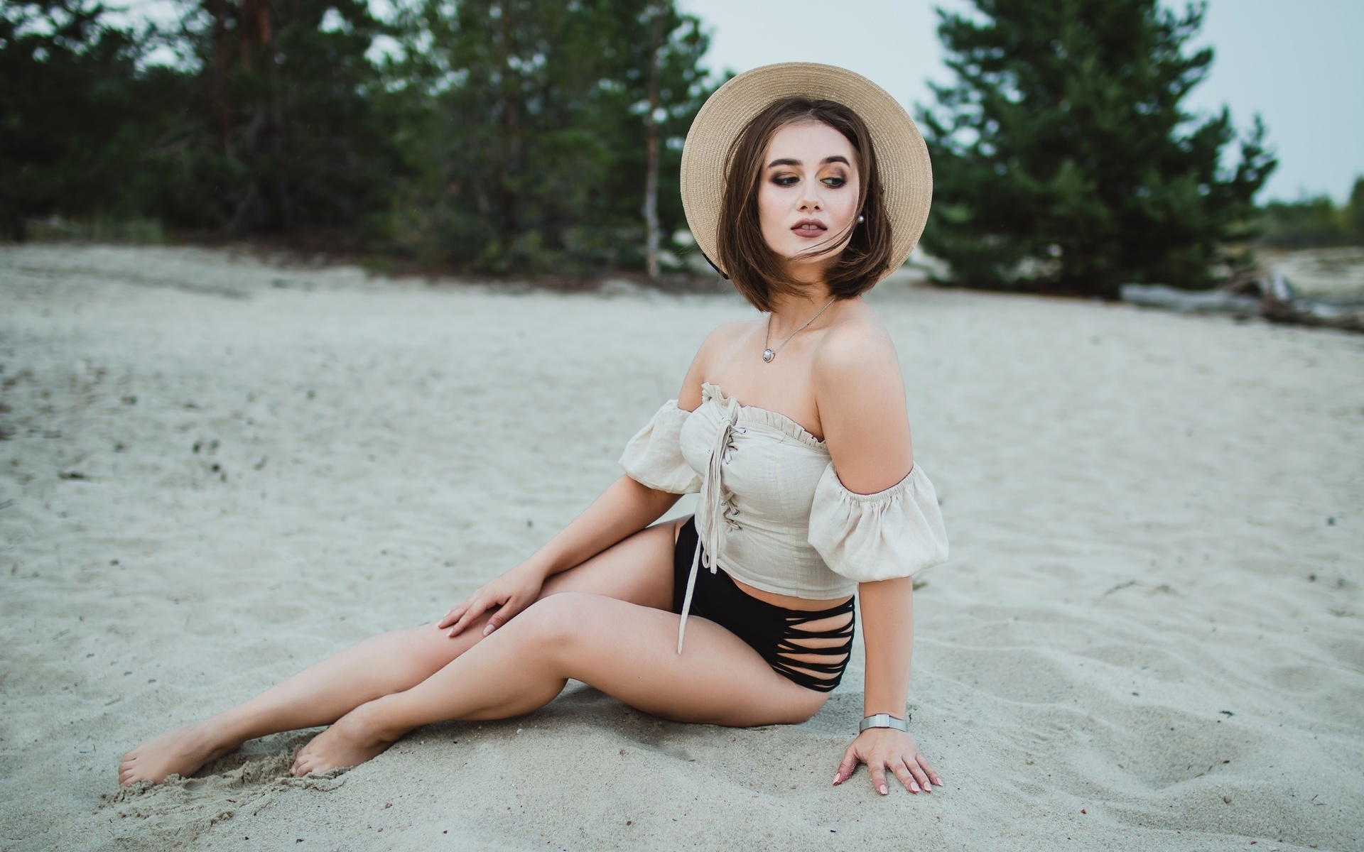 women, sitting, hat, swimwear, necklace, bare shoulders, women outdoors, trees, brunette, watch, sand