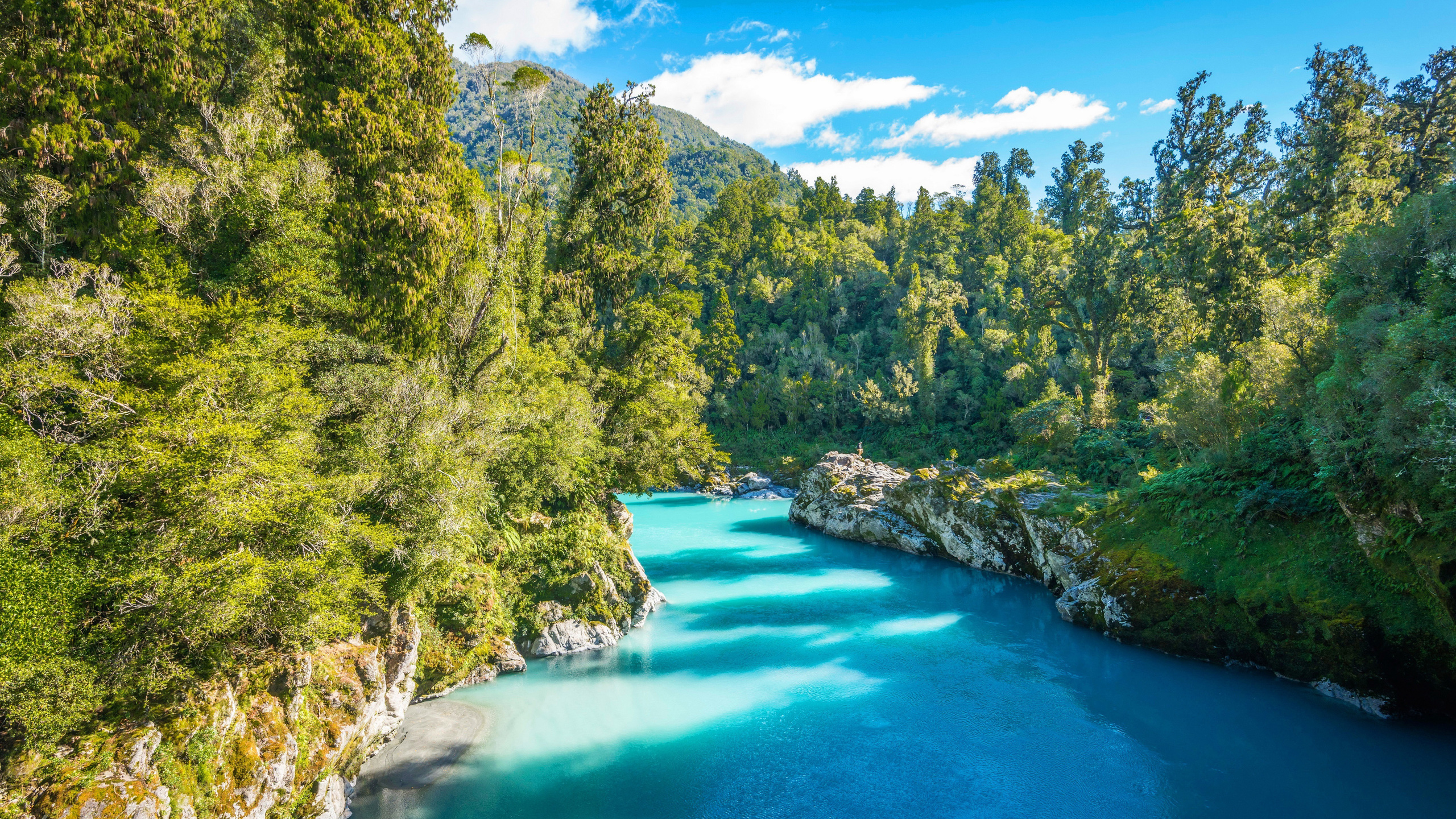 blue river, mountains, summer, forest, south island, new zealand