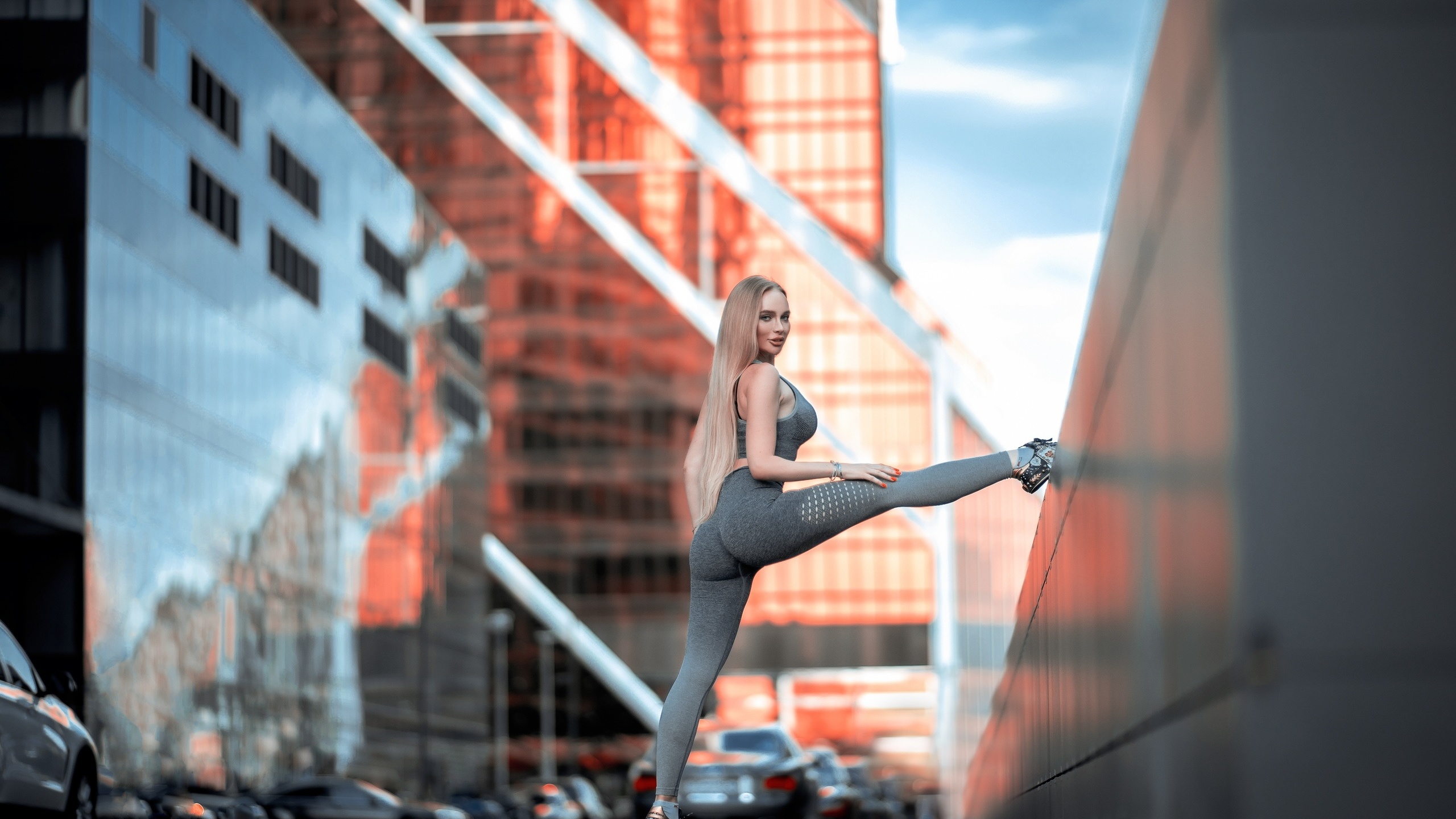 women, sportswear, long hair, women outdoors, blonde, sneakers, building, red nails, flexible, ass, looking at viewer, socks