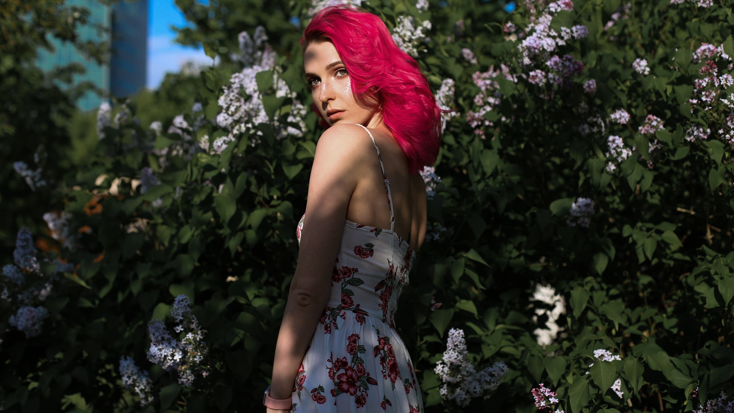 women, pink hair, portrait, dress, women outdoors, dyed hair, watch