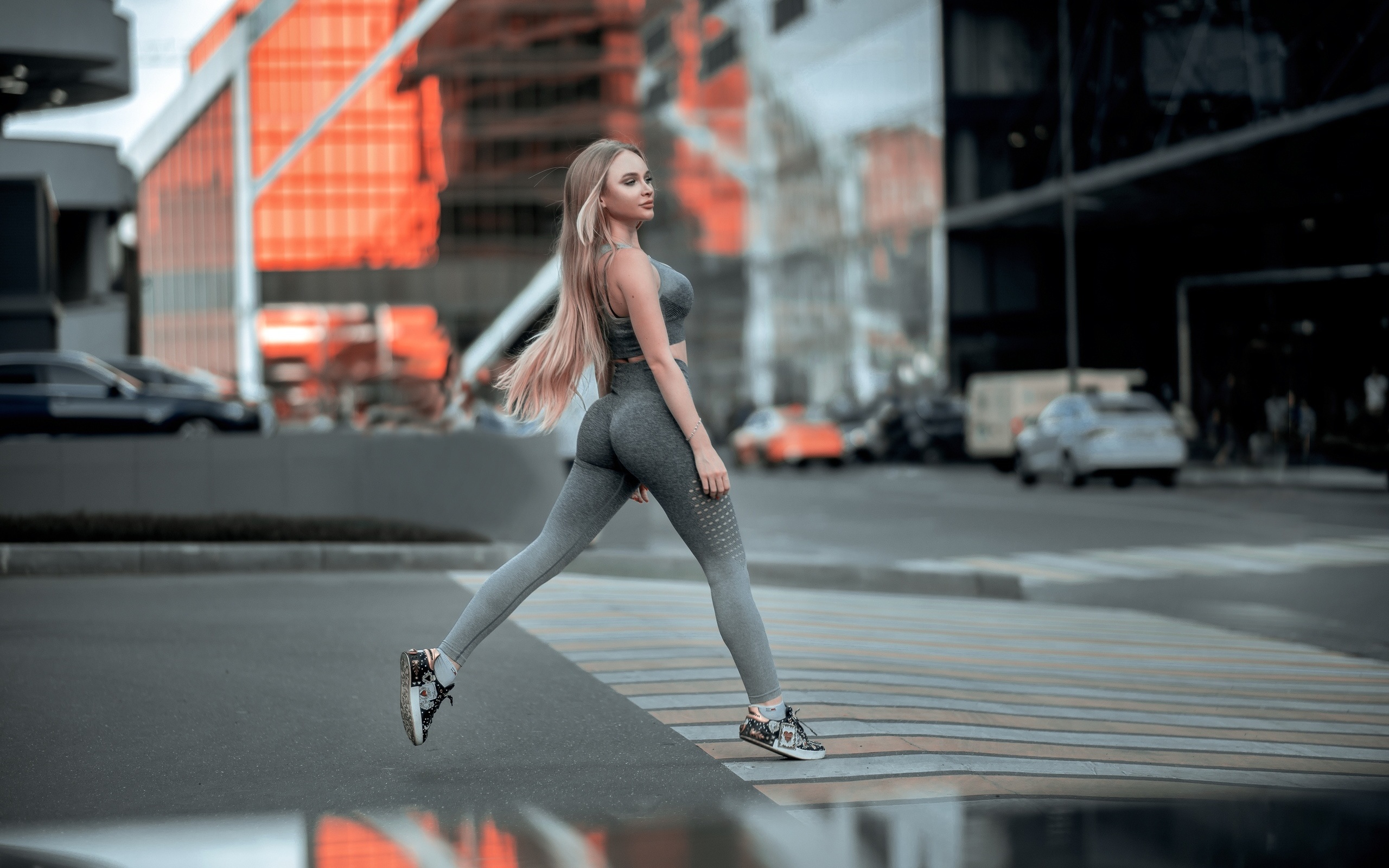 women, sportswear, long hair, women outdoors, ass, blonde, building, looking away, street, socks, sneakers