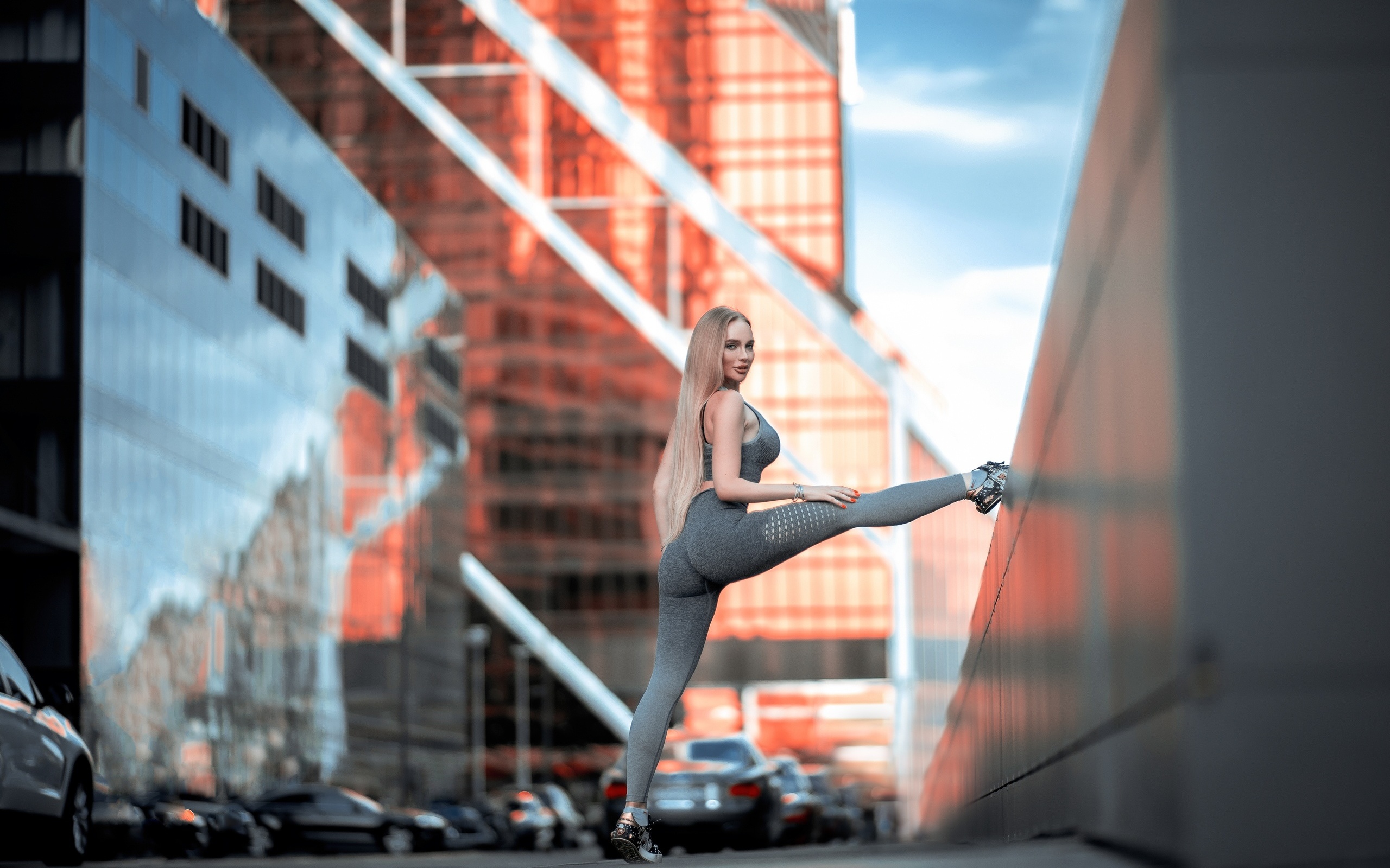 women, sportswear, long hair, women outdoors, blonde, sneakers, building, red nails, flexible, ass, looking at viewer, socks