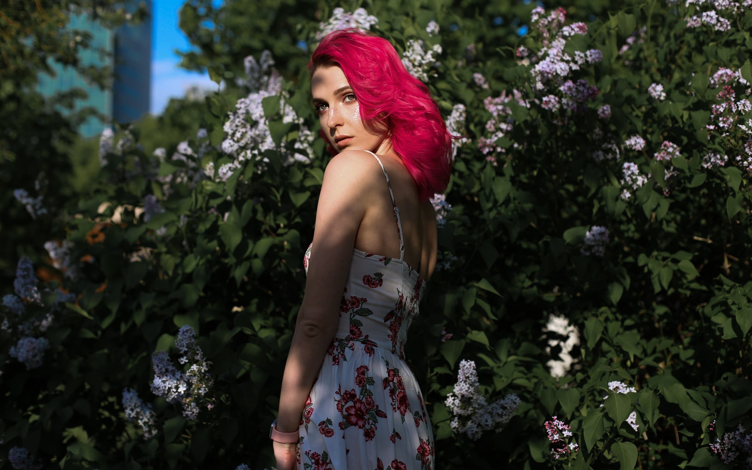 women, pink hair, portrait, dress, women outdoors, dyed hair, watch