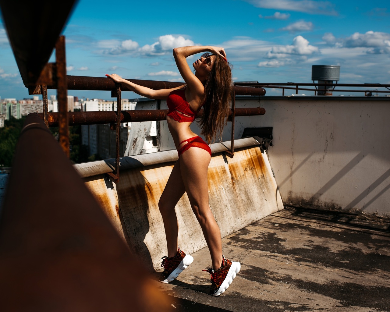 women, sunglasses, rooftops, sneakers, ass, brunette, ribs, red nails, red lingerie, sky, clouds