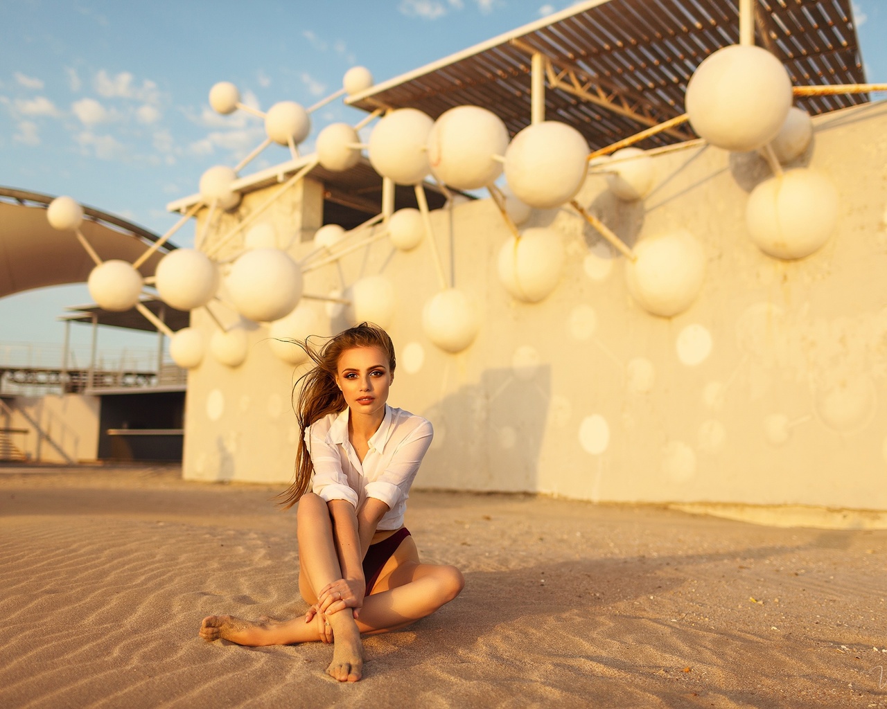 women, brunette, sitting, sand, white shirt, long hair, women outdoors, vitaly skitaev