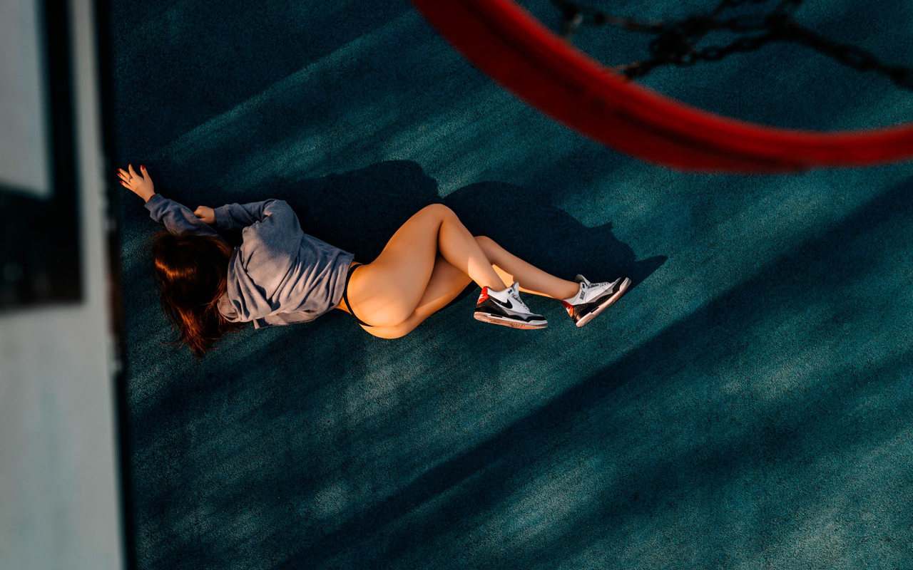 women, hoop, ass, red nails, chains, nike, sweater, brunette, top view, sneakers, black panties