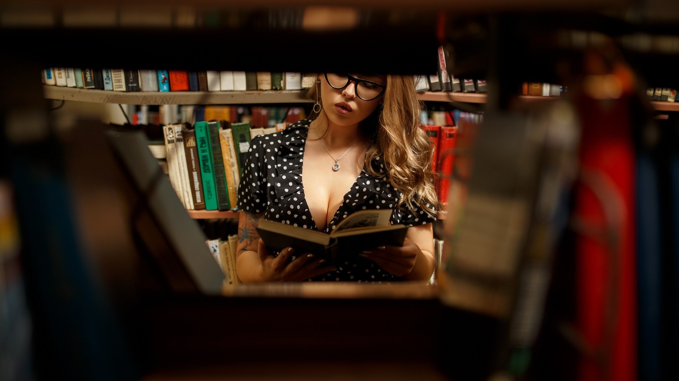 women, blonde, library, polka dots, dress, books, cleavage, women with glasses, necklace, tattoo