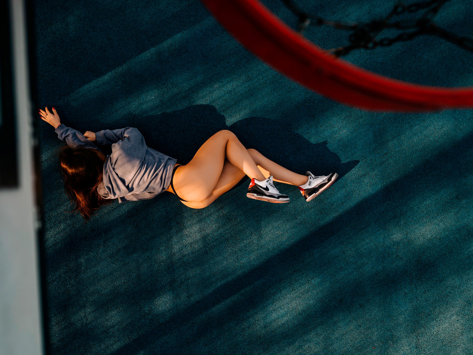 women, hoop, ass, red nails, chains, nike, sweater, brunette, top view, sneakers, black panties