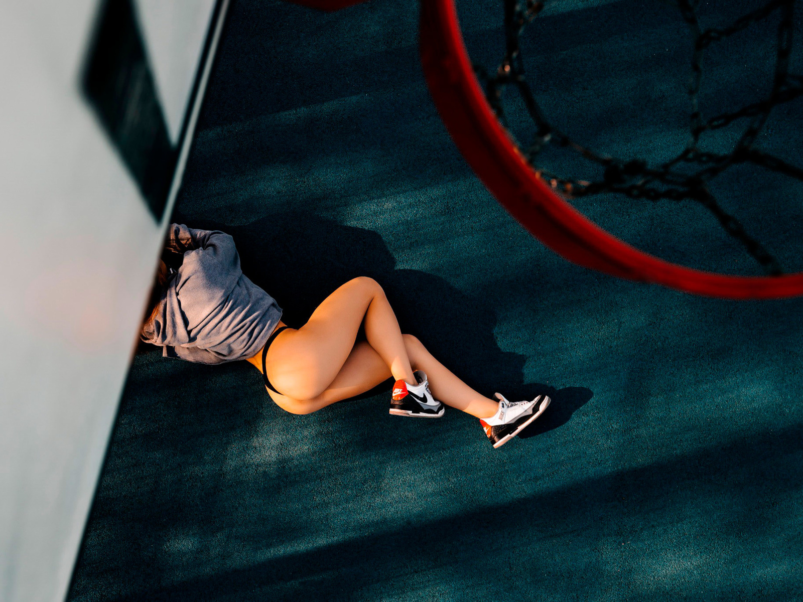 women, ass, sweater, nike, sneakers, black panties, top view, hoop, chains, brunette