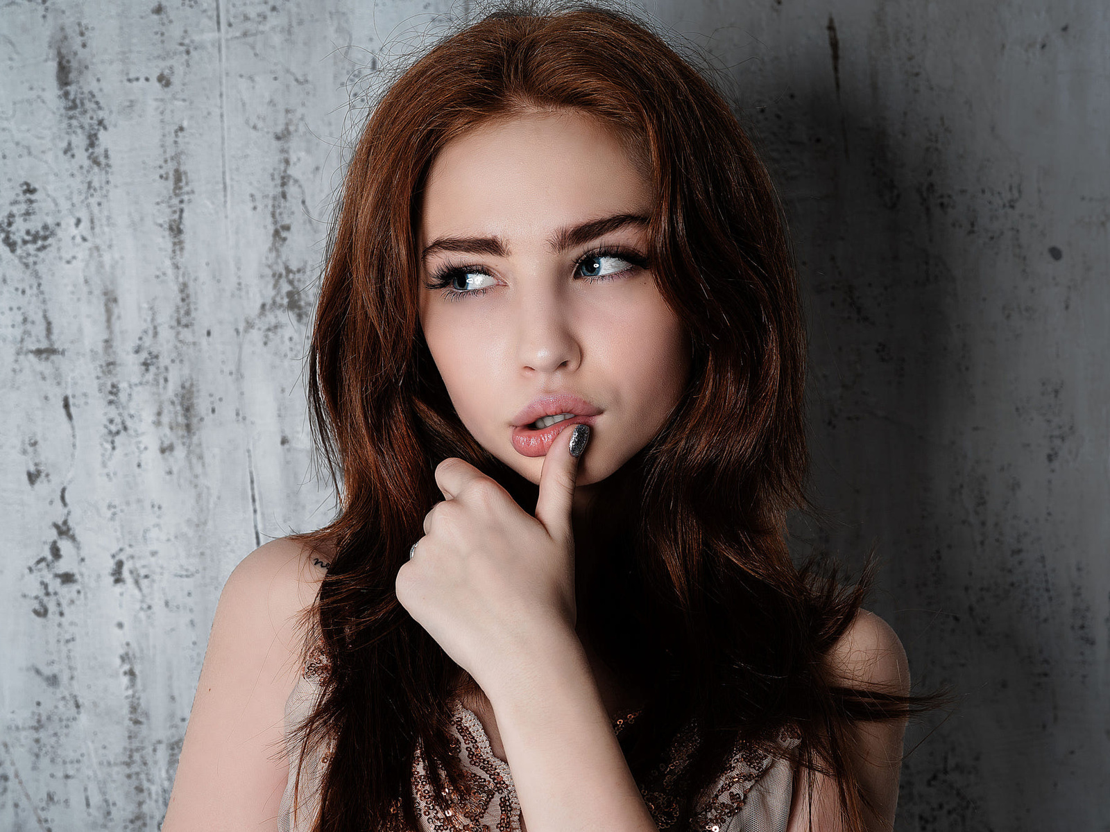 women, wall, face, portrait, blue eyes, finger on lips, looking away