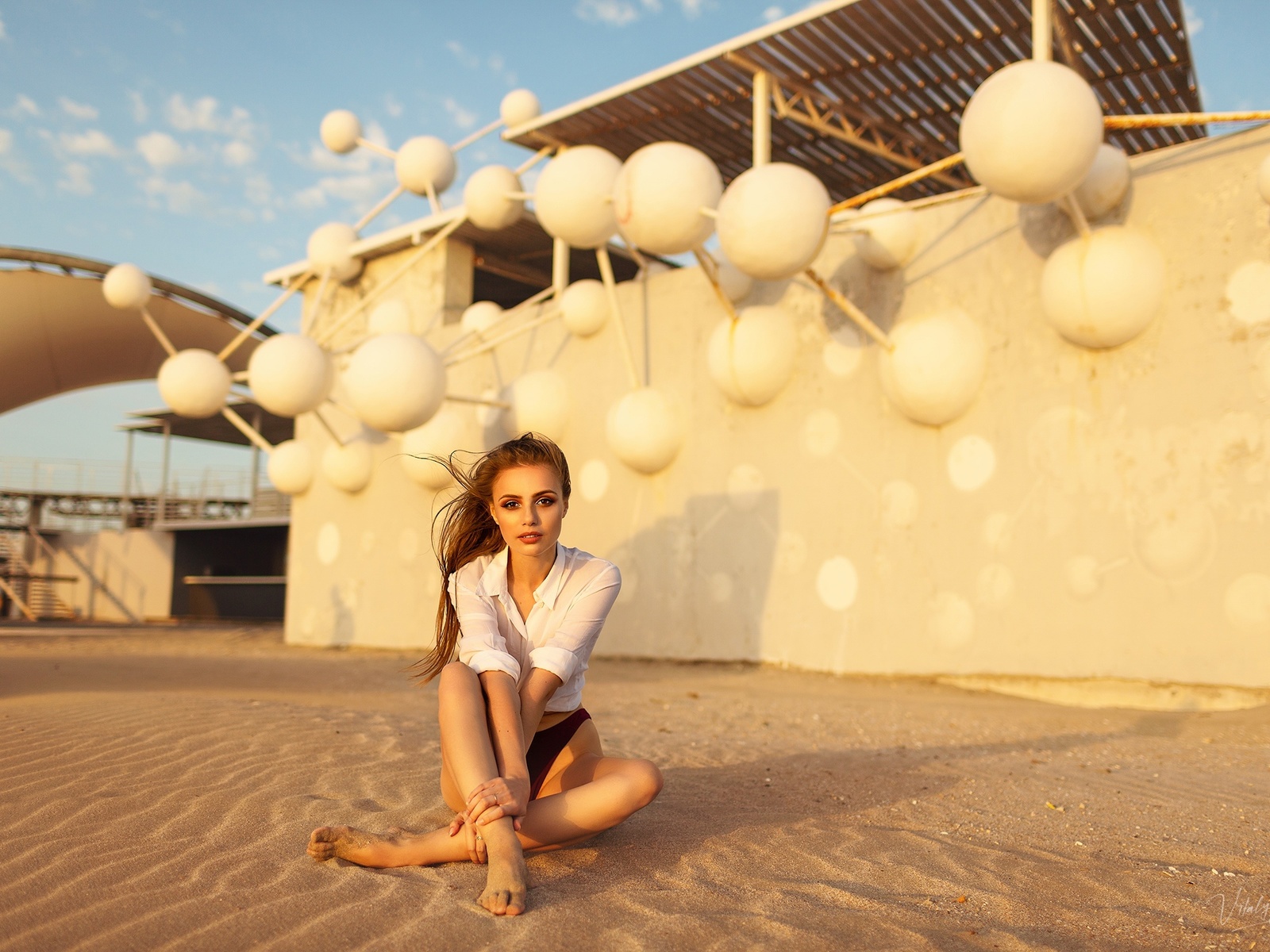 women, brunette, sitting, sand, white shirt, long hair, women outdoors, vitaly skitaev