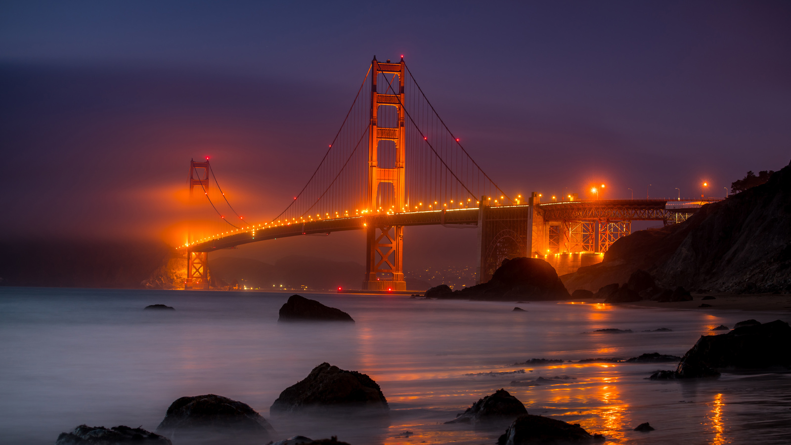 golden gate bridge, evening, night, cityscape, city lights, san francisco