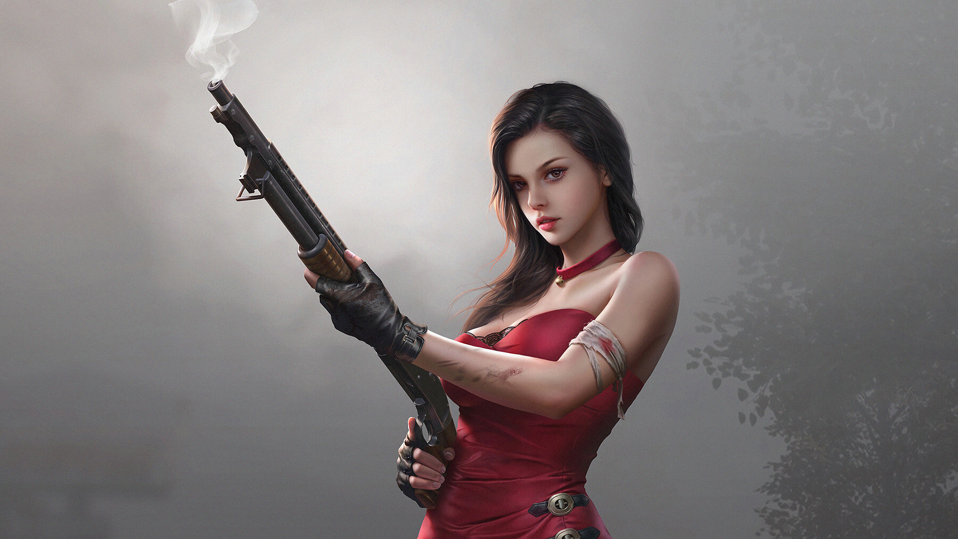 fantasy girl i, red dress, with gun