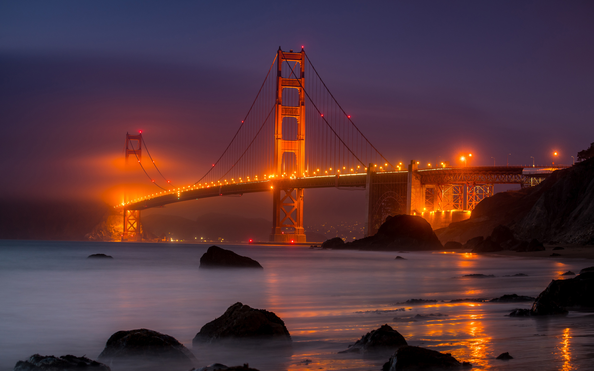 golden gate bridge, evening, night, cityscape, city lights, san francisco