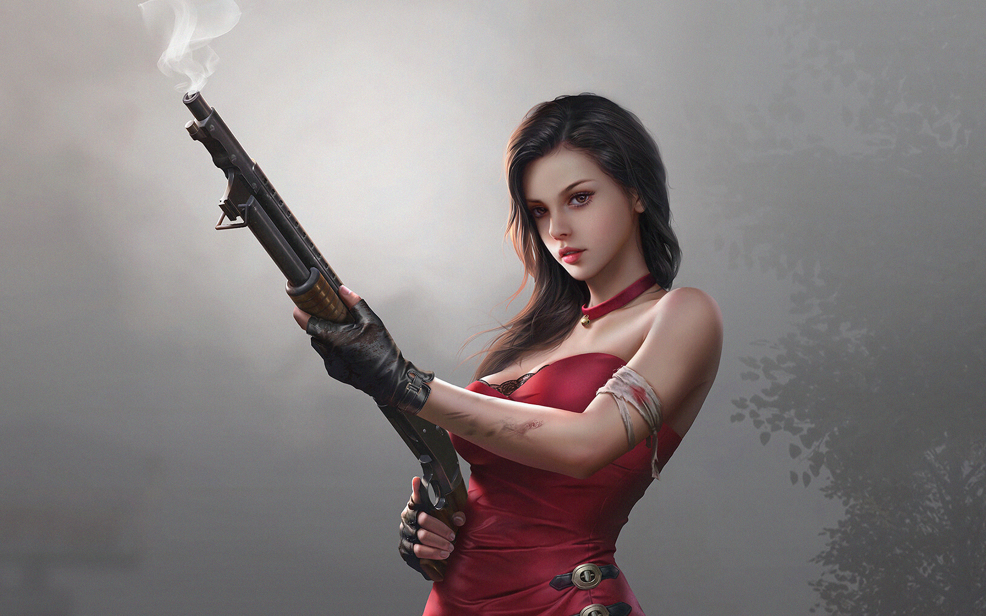 fantasy girl i, red dress, with gun