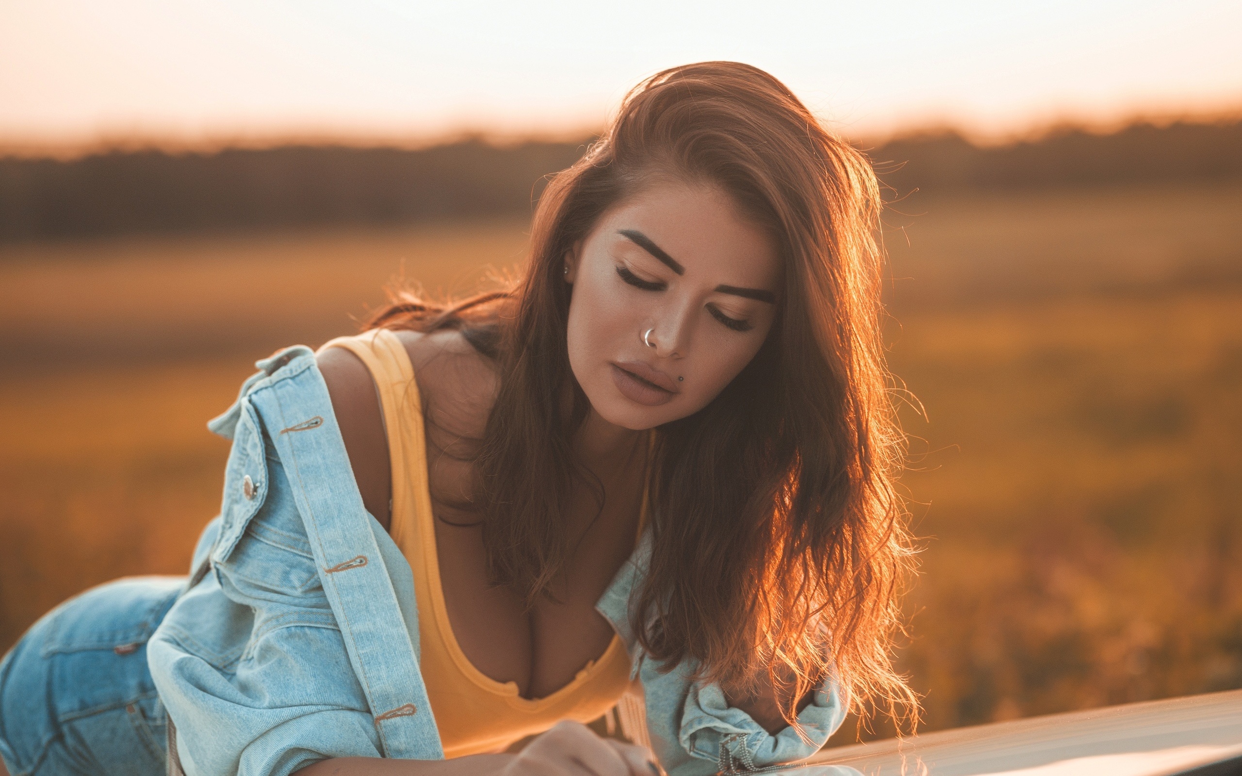 women, nose ring, piercing, denim, jean shorts, tank top, juicy lips, women outdoors, sunset, closed eyes, brunette, women with cars