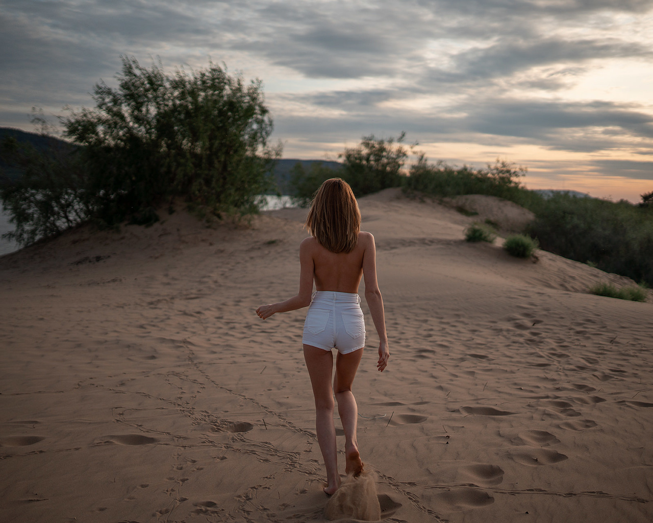 women, sand, women outdoors, brunette, jean shorts, back, river, sunset, topless, skinny