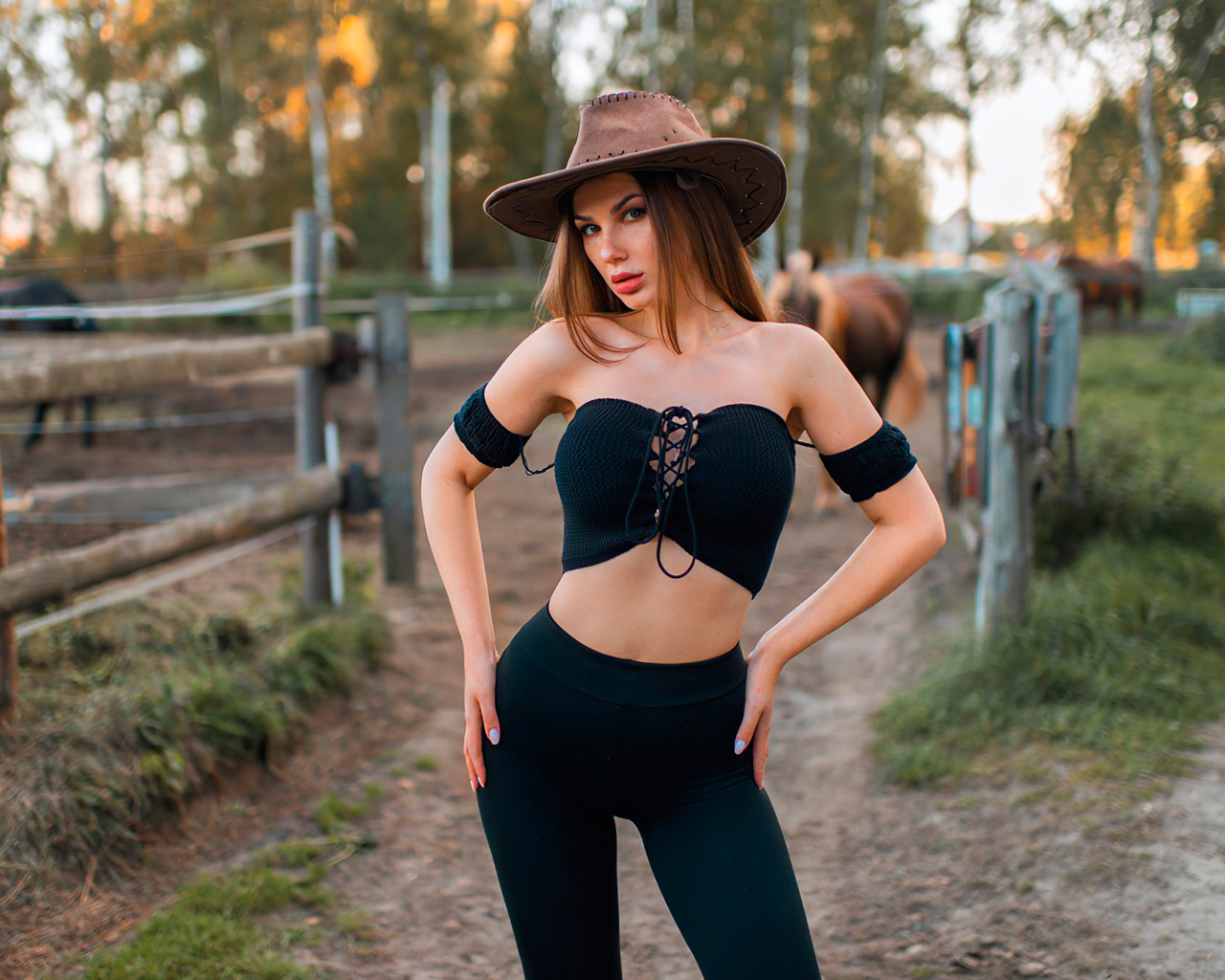 women, hat, bare shoulders, leggings, belly, women outdoors, trees, portrait, painted nails, horse, brunette, hands on hips, red lipstick, black clothing