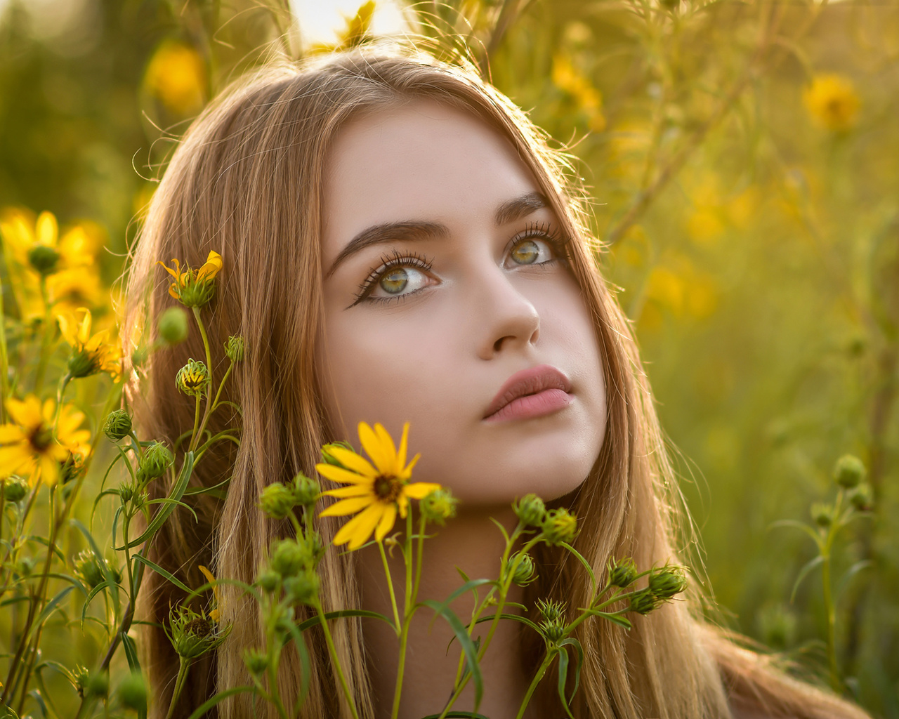 women, face, portrait, eyeliner, flowers, pink lipstick, women outdoors,   ()