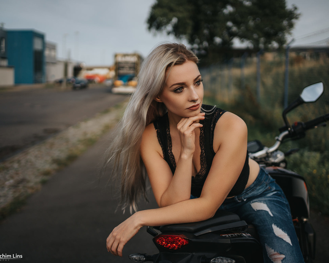 women, long hair, torn jeans, women with motorcycles, nose ring, brunette, andreas-joachim lins, women outdoors, looking away