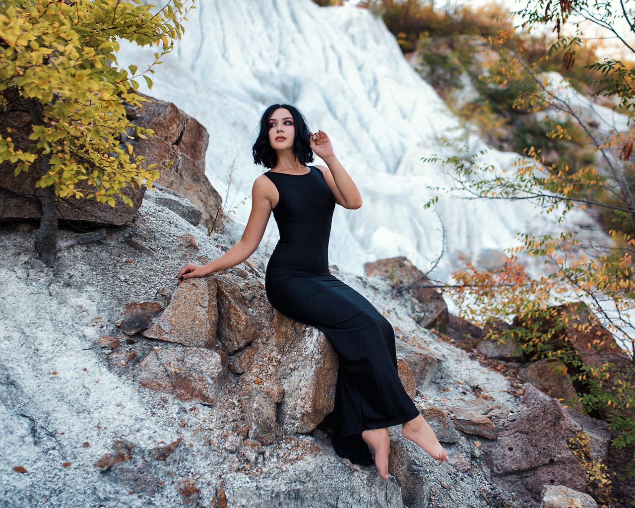 women, black dress, women outdoors, black nails, sitting, looking away