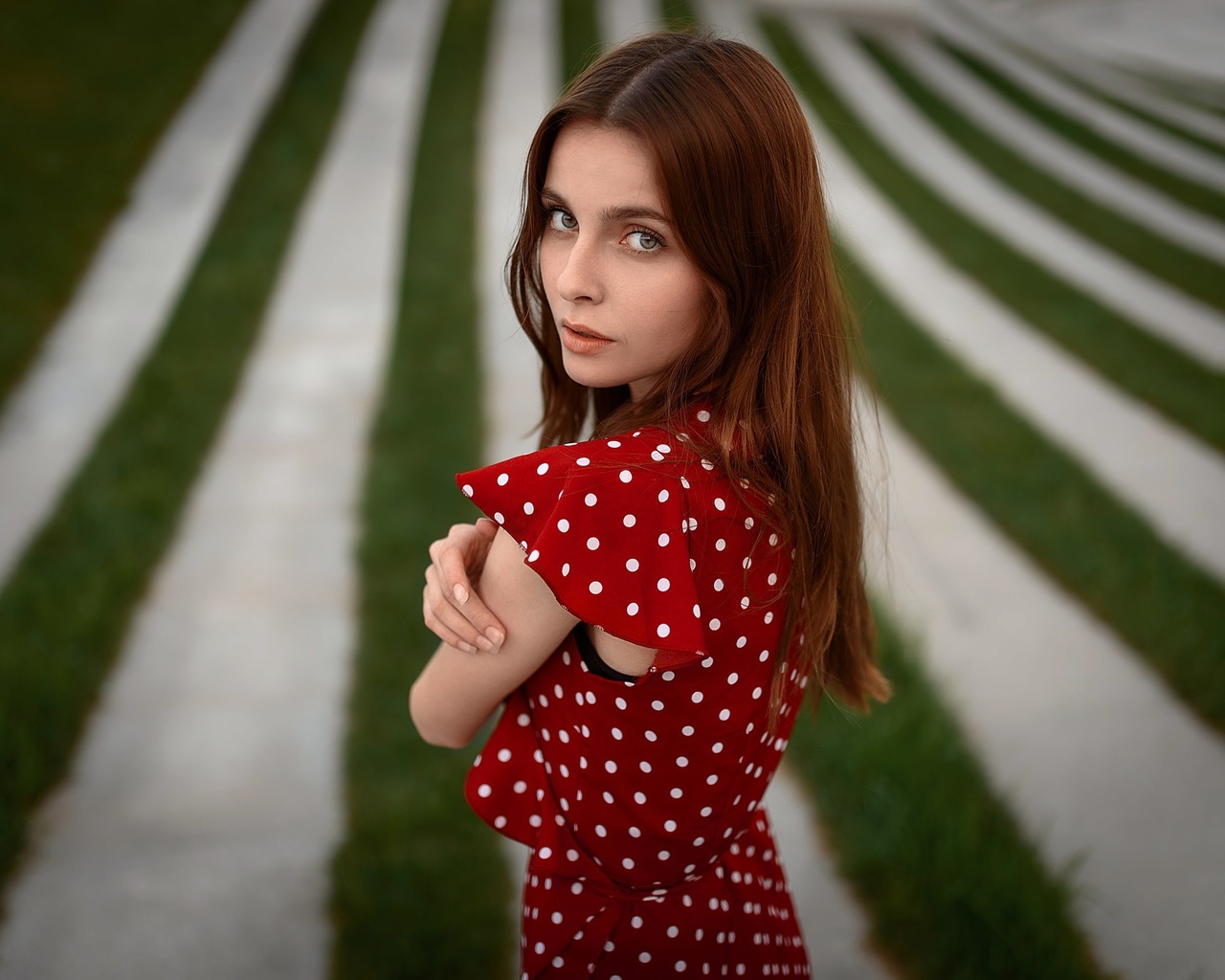 women, portrait, red dress, polka dots, women outdoors, grass