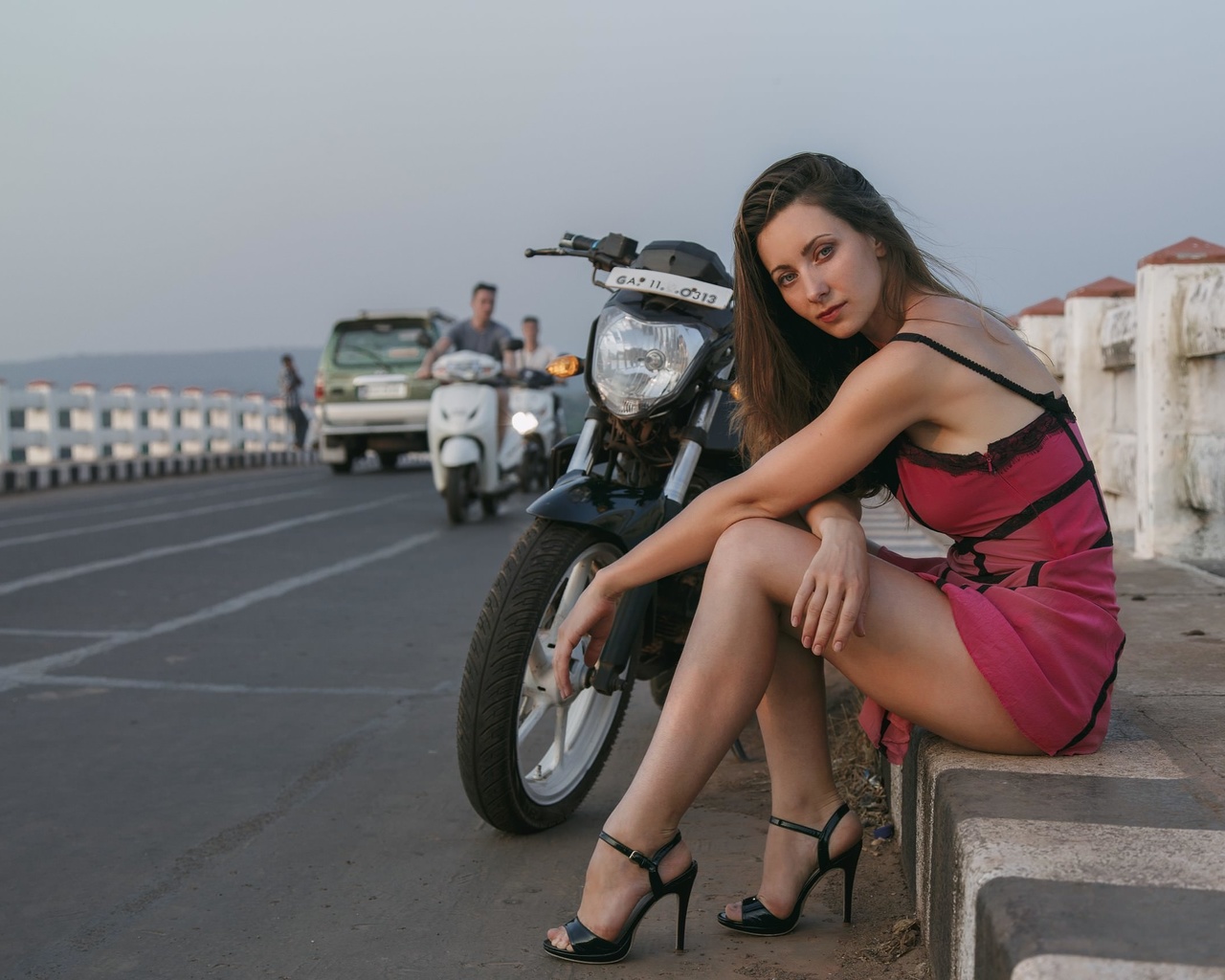 women, sitting, high heels, women outdoors, dress, motorcycle, yamaha, brunette