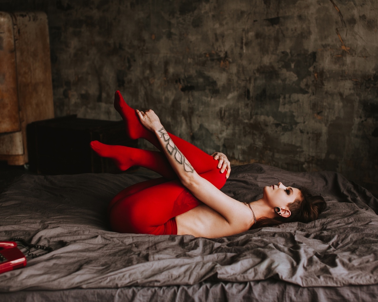 women, phone, ass, tattoo, topless, ribs, fridge, wall, feet in the air, leggings, closed eyes, in bed