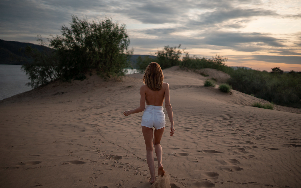 women, sand, women outdoors, brunette, jean shorts, back, river, sunset, topless, skinny