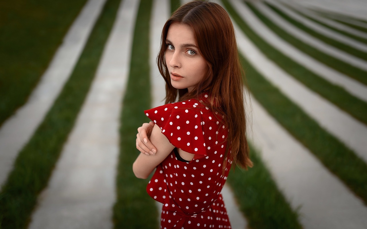 women, portrait, red dress, polka dots, women outdoors, grass