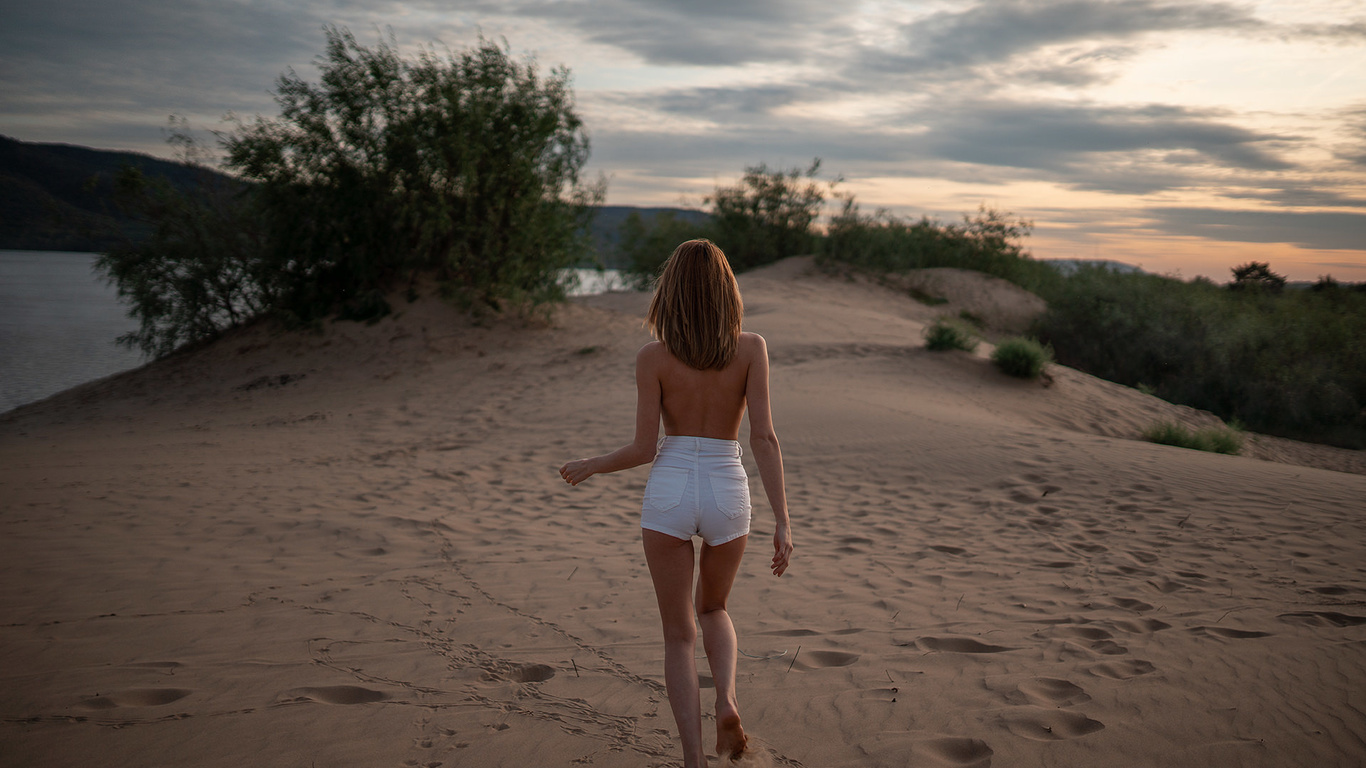 women, sand, women outdoors, brunette, jean shorts, back, river, sunset, topless, skinny