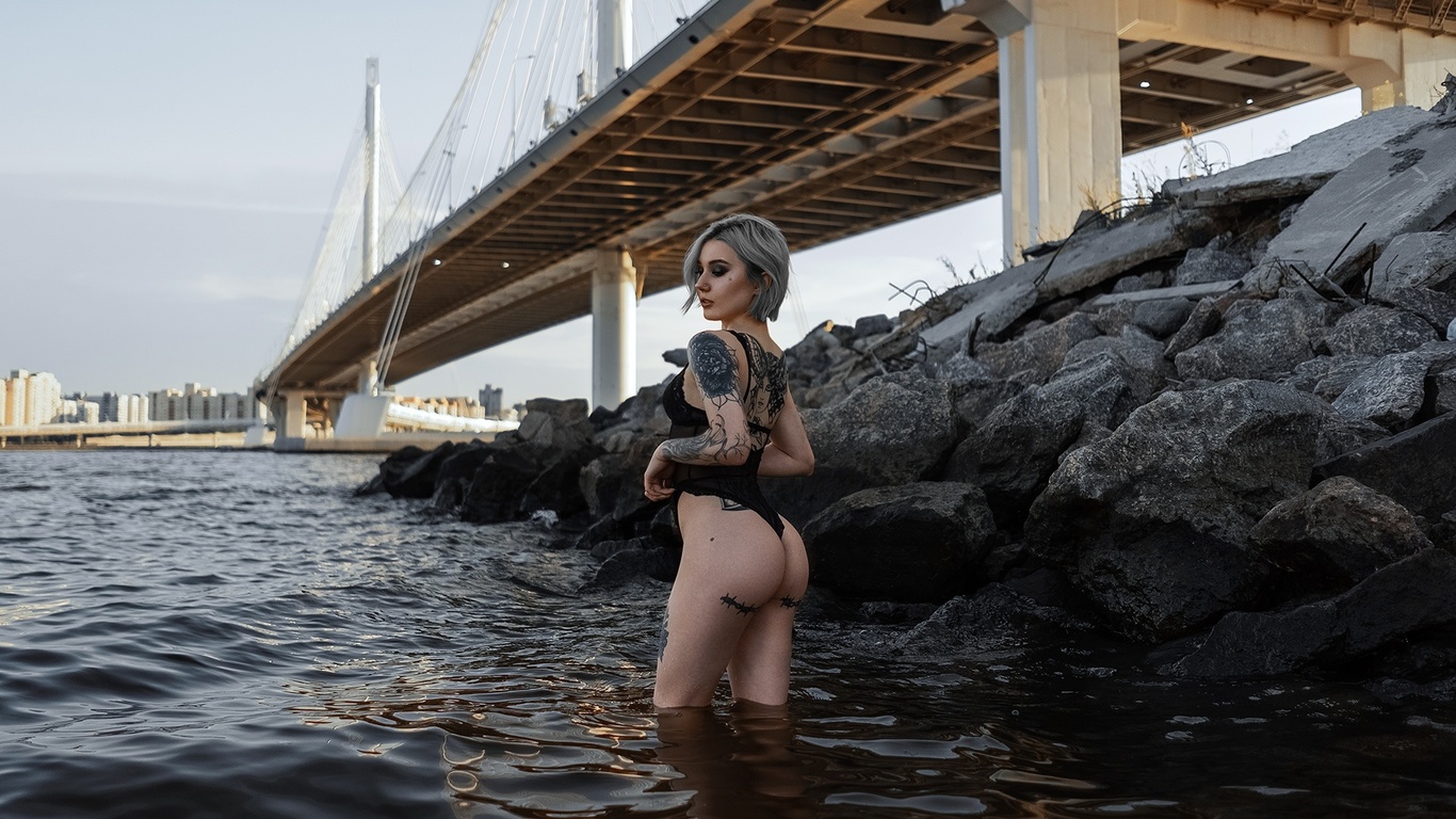 women, dyed hair, ass, river, bridge, rocks, body lingerie, tattoo, black lingerie, women outdoors, pierced nose